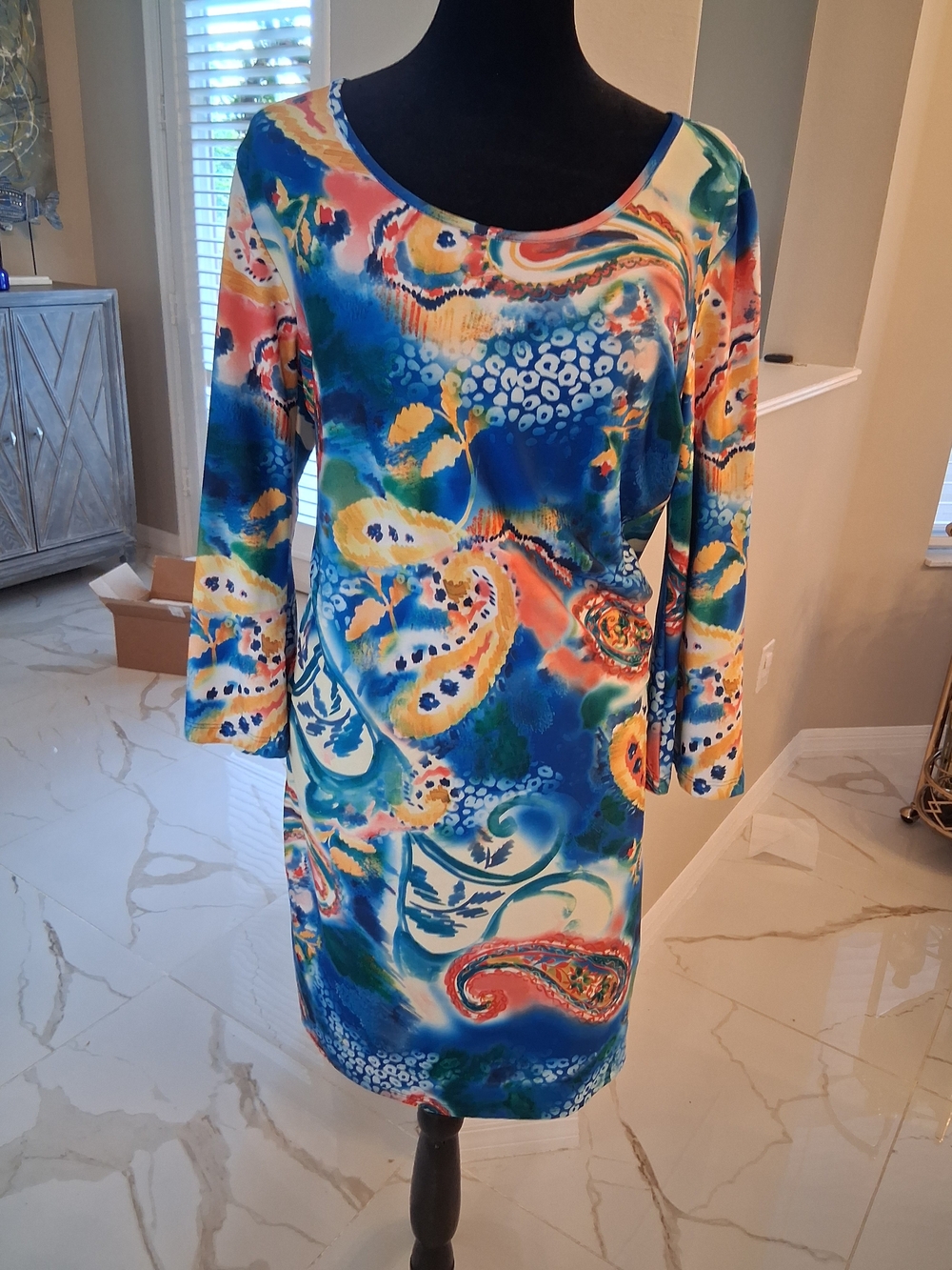 White Mark Blue Multicolor Long Sleeve Shift Dress